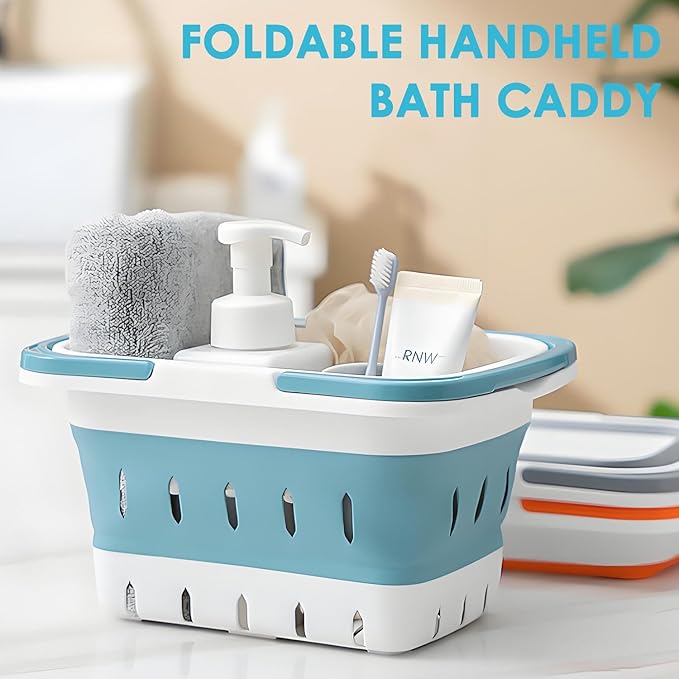 Fammart Portable Shower Caddy Tote – Collapsible Plastic Basket with Handles, Foldable Storage Organizer for Bathroom, Kitchen, College Dorm, Gym, Travel & Camping, Blue
