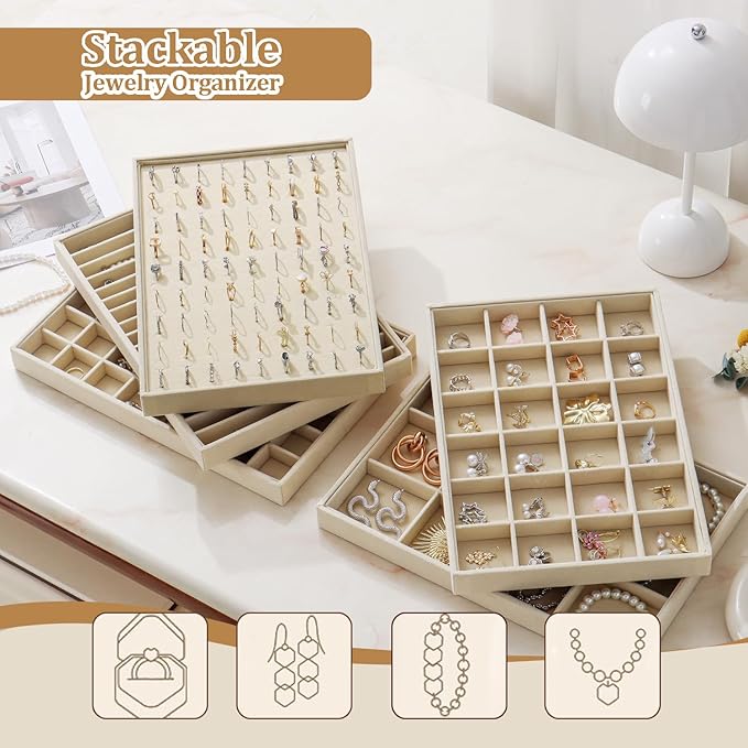 Large Velvet Jewelry Tray 2 Pack Stackable Jewelry Display Drawer Inserts Trays Organizer for Earring Bracelet Necklace Ring (Beige, 16 Grids)