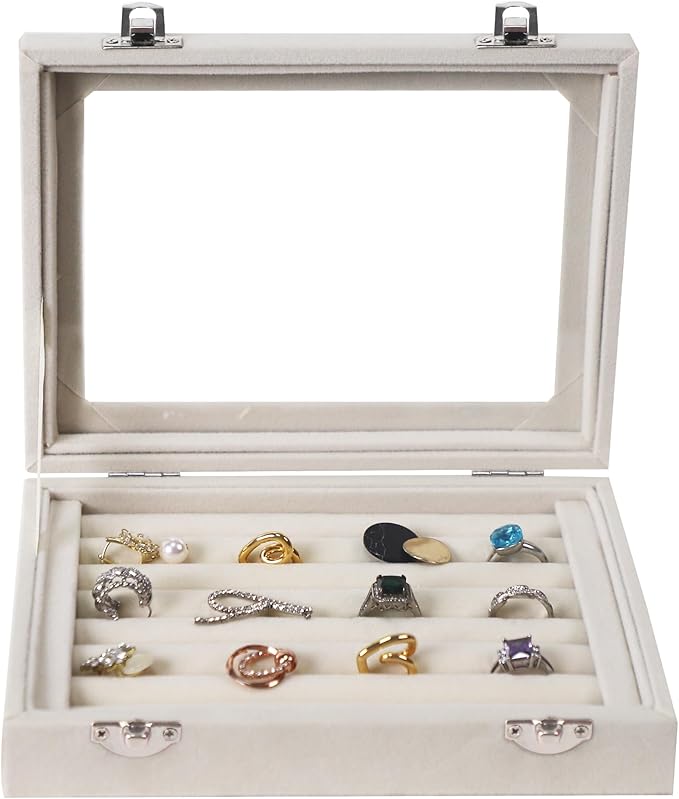 Jewelry Box Rings Organizer Tray 7 Slots Velvet Jewelry Earring Storage Box With Transparent Lid Jewelry Display Case for Girls Women (Beige)
