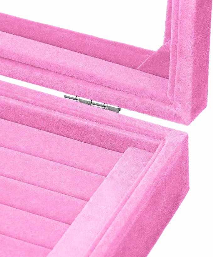 Jewelry Box Rings Organizer Tray 7 Slots Velvet Earring Storage Box With Transparent Lid Jewelry Display Case for Women (Light Pink)