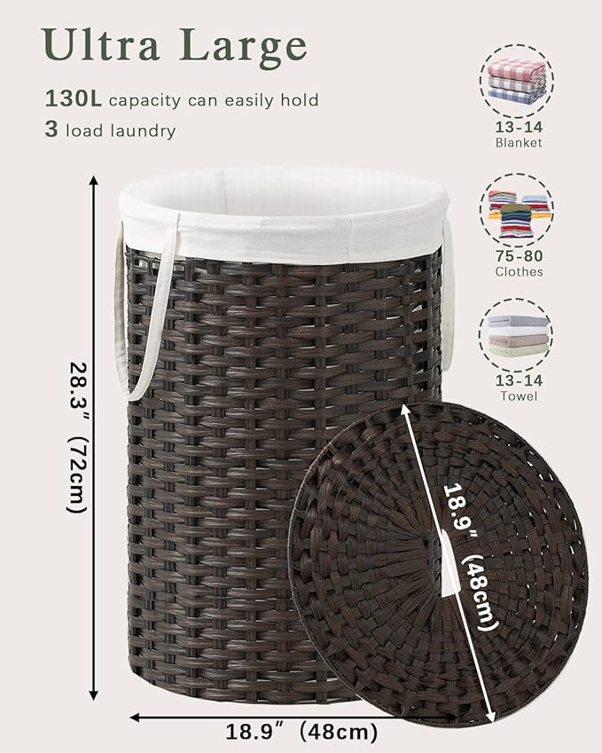 SETVSON Large Laundry Hamper Laundry Basket Round 34.3 Gal (130 L) Handwoven Wicker Laundry Baskets Rattan Laundry Basket with Laundry Bag Handles 2 Mesh Bags for Living Room Bedroom Brown