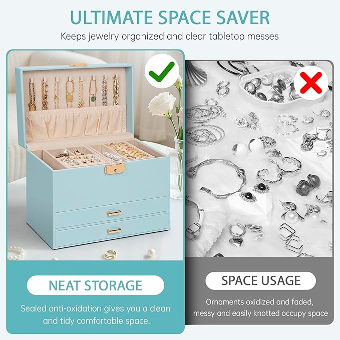 AKOZLIN Travel Jewelry Box Organizer Functional 2-trays Leather Jewelry Storage Case with Lockable Portable 2 Drawers for Women Girls Ring Necklace Earring Bracelet