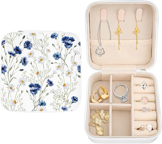 Daisy White Small Portable Jewelry Organizer Box Travel Jewelry Case Mini Jewellery Storage Box Portable jewellery Case for Rings Necklaces Earrings Gifts for Men Women Birthday Christmas