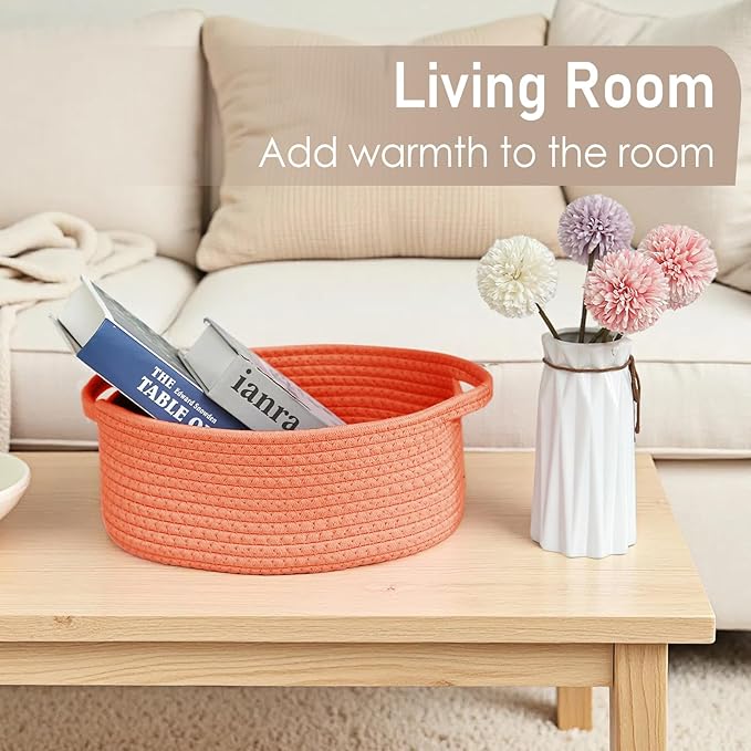 JMvicyroam Woven Basket,Small Rope Storage Bin with Handles & Ribbon Bag, Organizer for Shelves Closets,Gift Basket Empty for Birthday,Books,Dog Toys, Orange/2 Pack