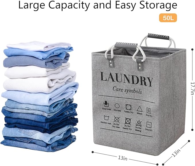 Small Laundry Basket, 50L Foldable Laundry Hamper Organizer with Handles, Fashion Portable Laundry Basket in Bedroom, Laundry Room, Closet, Bathroom, College Dorm (Light Gray)