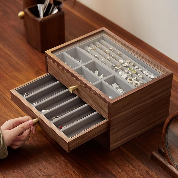 Black Walnut Jewelry Organizers and Storage,3 Layer Wooden Jewelry Boxes for Women,for Necklaces Ring Earring (3 Layer)