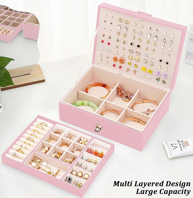Earrings Jewelry Box for Girls, Large Capacity Jewelry Organizer with 40-Pair Earring Board, 2-Layer Leather Jewelry Storage Box for Necklaces Rings Bracelets with Removable Tray(Gift Idea),Pink