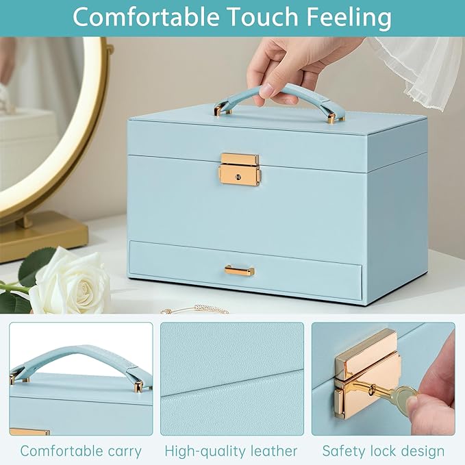AKOZLIN Travel Jewelry Box Organizer Functional 2-trays Leather Jewelry Storage Case with Lockable Portable Drawer for Women Girls Ring Necklace Earring Bracelet