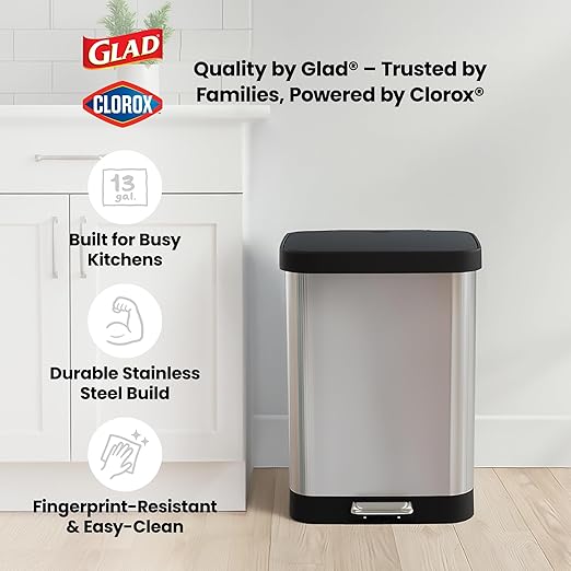Glad GLD-74506 Stainless Steel Step Trash Can with Clorox Odor Protection | Large Metal Kitchen Garbage Bin with Soft Close Lid, Foot Pedal and Waste Bag Roll Holder, 13 Gallon, Stainless