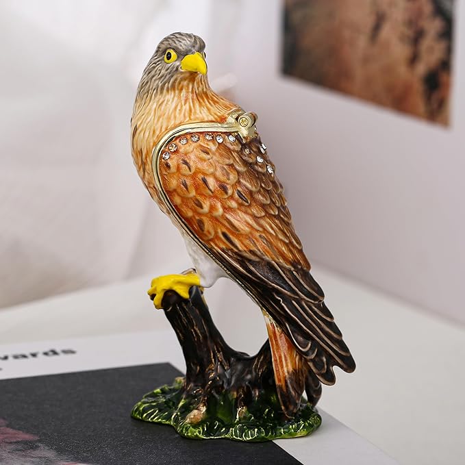 Hand Painted Animal Trinket Box for Home Decor, Hinged Jewelry Organizer Storage, Unique Personalized Collectible Keepsake Figurine Handmade Decorative Ornament Gifts (Kestrel)