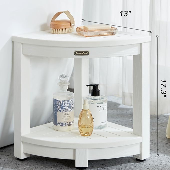 KaimuBench Corner Shower Stool for Inside Shower Waterproof, Poly Lumber Bathroom Shower Corner Bench Seat, Plastic Shower Chair Seat, Shower Shaving Foot Rest with Adjustable Feet, Non-Slip, White
