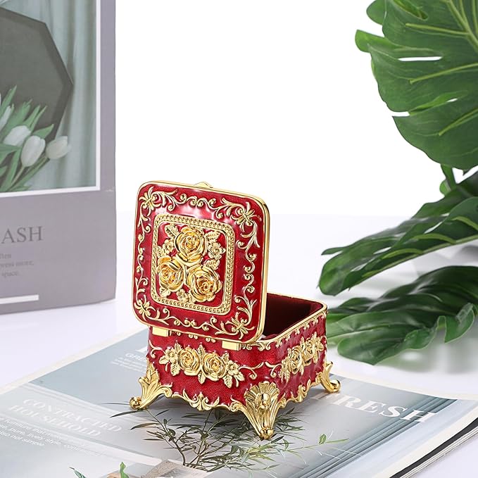 Hipiwe Vintage Metal Jewelry Box - Small Trinket Organizer Ring Box Case with Rose Pattern Jewelry Storage Box for Ring Earrings Necklace, Keepsake Box for Women,Red
