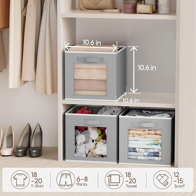 Homsorout Bins for Closet Organization - Cubby Storage Organizer with Window, Closet Baskets for Shelves, Folding Cubes for Storage, Storage Bins for Home, 11inch, Set of 8, Grey