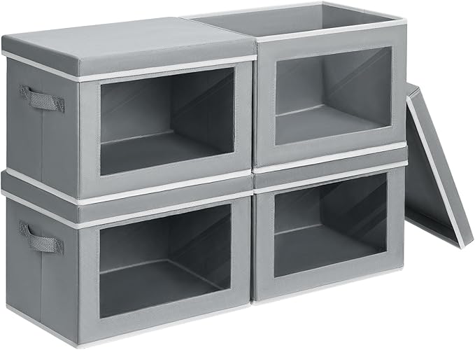 Homsorout Large Storage Bins with Lids - Stackable Cube Bins for Closet, 4 Pack Clear Windows Fabric Organizer Bins, Home Organizers and Storage for Clothes, CD, Towels, Grey