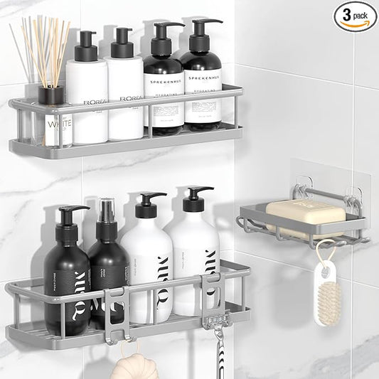 YASONIC Shower Caddy Adhesive, No Drill Bathroom Shower Organizers, with Removable Hooks and Soap Holder, Rust Proof Shower Shelves, Wall-Mounted Shower Holder, 3 Pack, Grey