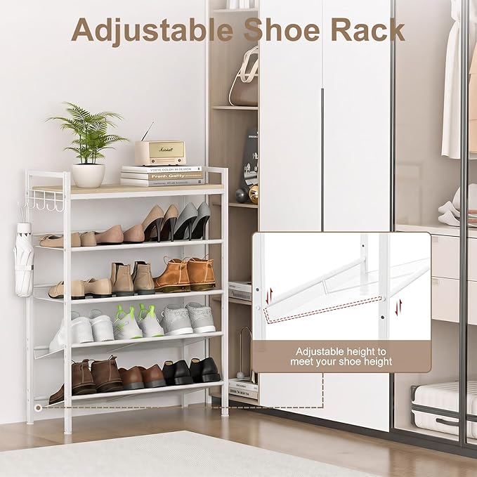 Refrze Shoe Rack for Front Door Entrance, 5 Tier Height-Adjustable Metal Shoe Rack, Sturdy Wooden Top and Tiltable Steel Frame Heavy Duty Shoe Organizer for Bathroom,Bedroom,Kitchen，Include Hook