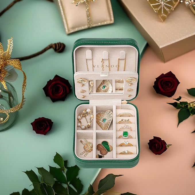 Vlando Small Travel Jewelry Box Organizer - Mirrored Jewelries Necklaces Rings Earrings Necklace Storage Case, Dark Green