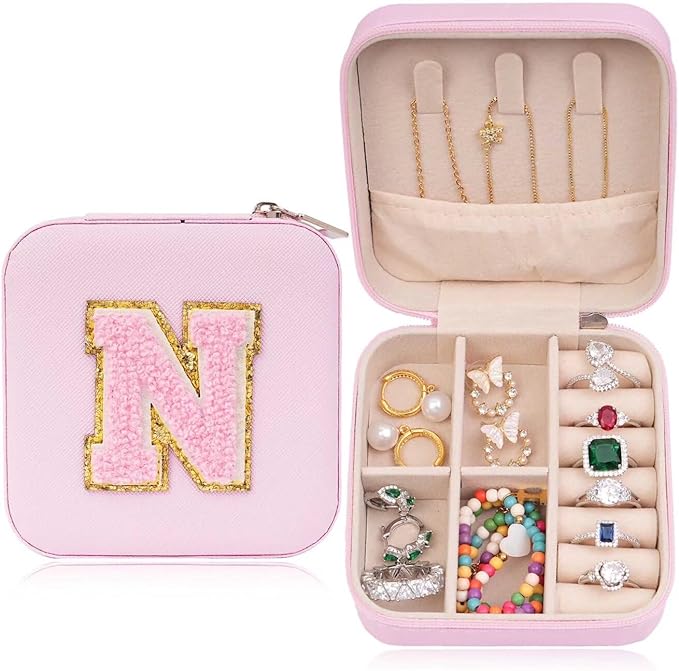 ETHOON Jewelry Travel Case Small Organizer Stocking Box Personalized Gifts Teenage Jewelry Accessories Holiday Wedding Christmas Gift for Women Pink, Letter N