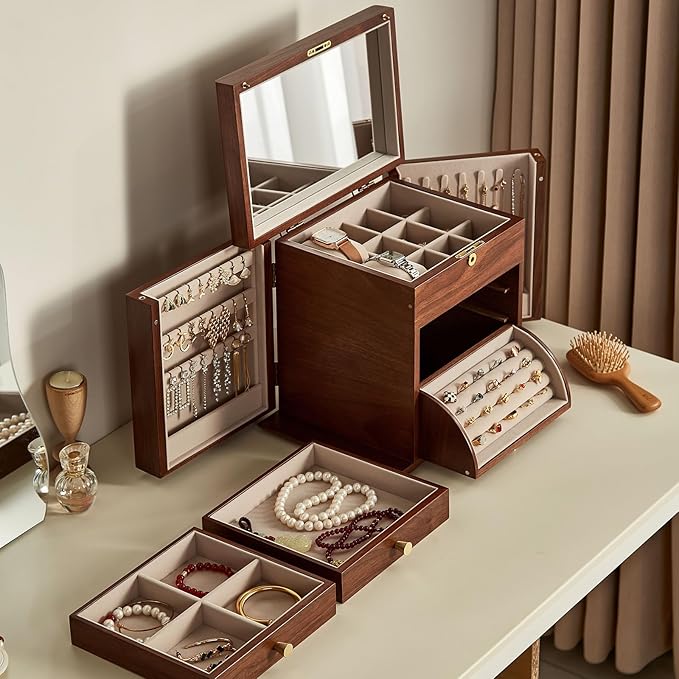 Black Walnut Wooden Jewelry Box, Wood Jewelry Organizer with 2 Side Doors Mirror Lockable Classical for Watch Necklace Ring Earring Mothers Day Gifts for Mo-4 Layer with Curved Ring Grooves