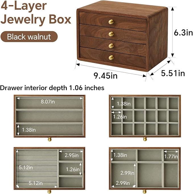 Wooden Jewelry Box for Women Men, Large Velvet Lined Organizer with 4 Drawers, Solid Black Walnut Brass Handles, Jewelry Storage Box for Rings, Necklaces, Earrings