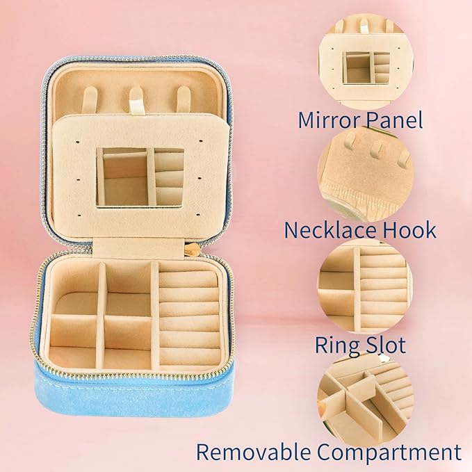 Smileshe Travel Jewelry Box with Mirror, Velvet Mini Case for Women Girls, Small Portable Gifts Organizer Boxes for Rings, Earrings, Necklaces, Bracelets