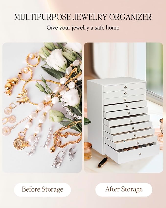 GUKA Large Jewelry Box, Jewelry Case with 10 Drawers for Big and Small Jewelry, Jewelry Storage Organizer for Watch Earrings Necklace Rings Bracelets, Birthday Wedding Gifts, White