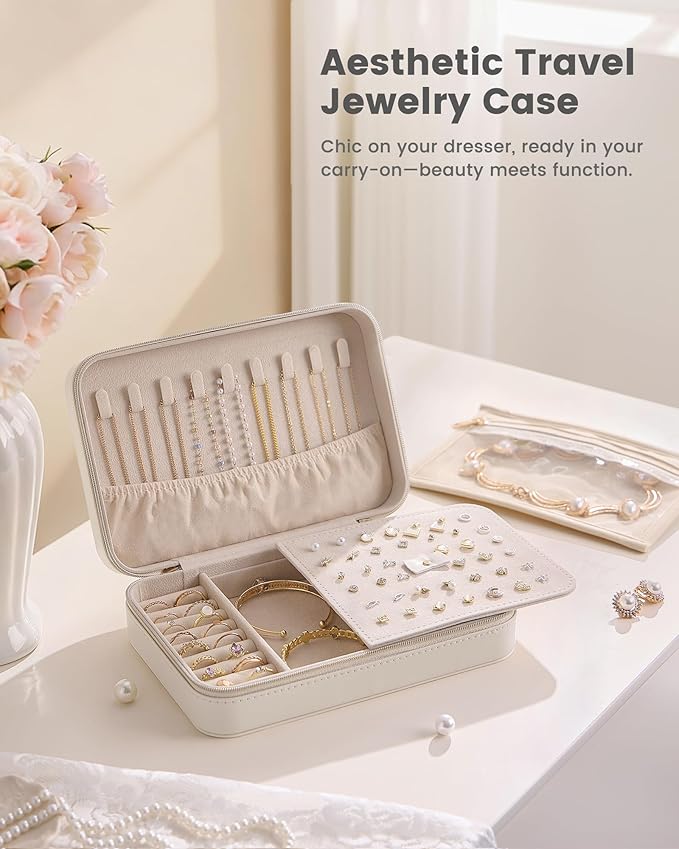Lolalet Travel Jewelry Case for Women Girls, PU Leather Jewelry Organizer with Clear Storage Bag Small Portable Jewelry Box for Necklace Bracelet Earring Ring Mothers Day Birthday Gifts -Large/Beige