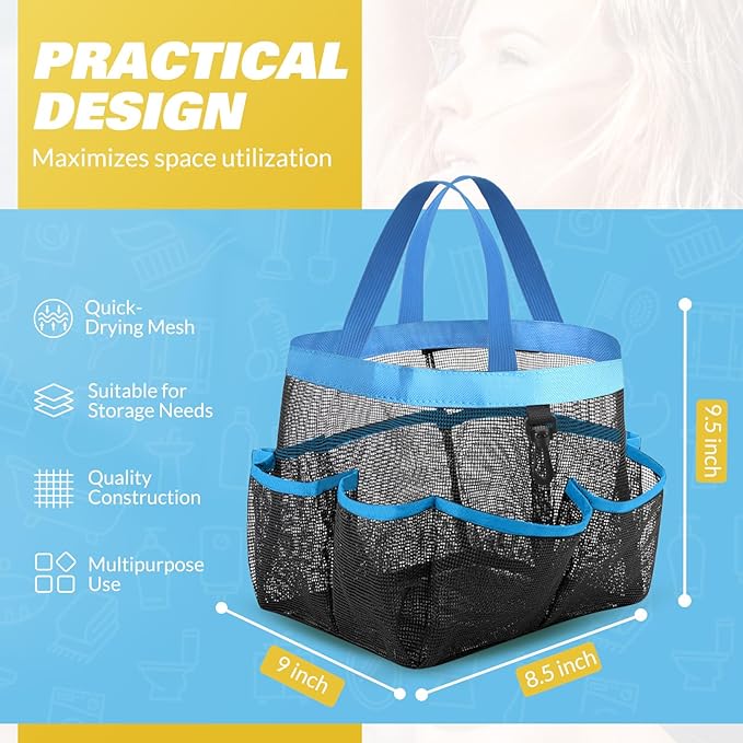 LOYEE Mesh Shower Caddy Portable for College Dorm Room Essentials with 8 Pockets, Shower Bag for Beach, Swimming, Gym, Travel, Bathroom(Blue)