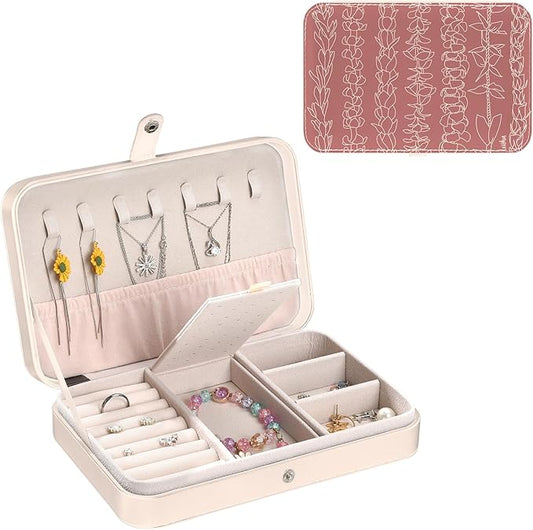 Travel Jewelry Box Personalized Leather Jewelry Case Portable Jewellery Organizer Box Pink Ring Travel Case Earring Bracelet Necklace Organizer Gifts for Birthday Christmas Women Flower lines