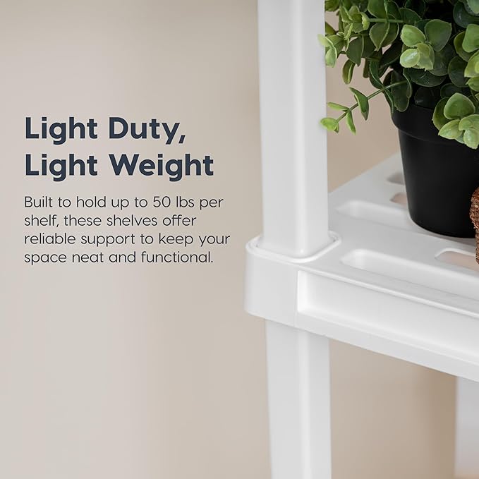 IRIS USA 4-Shelf Light Duty Plastic Storage Shelves, 200lb Capacity, 48" H x 24" W x 12" D, Medium Modular Shelving Unit Storage Organizer for Bathroom, Laundry, Garage & Home, Storage Rack - White