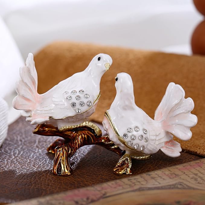 Hand Painted Animal Trinket Box for Home Decor, Hinged Jewelry Organizer Storage, Unique Personalized Collectible Keepsake Figurine Handmade Decorative Ornament Gifts (Dove Couple)