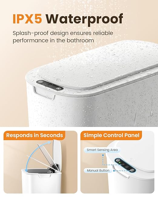 Cesun Motion Sensor Trash Can, 5 Gallon Automatic Bathroom Garbage Can with Lid, Touchless Smart Plastic Slim Wastebasket for Bathroom, Office, rv, Bedroom, Living Room, White