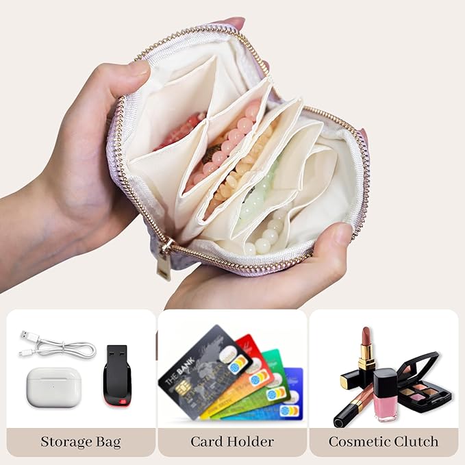 Stratalife Travel Jewelry Case - Small Jewelry Organizer for Bracelets Necklace Healing Crystal, Portable Earring Ring Organizer with Zipper Pouches for Traveling Gift for Women, Violet Purple