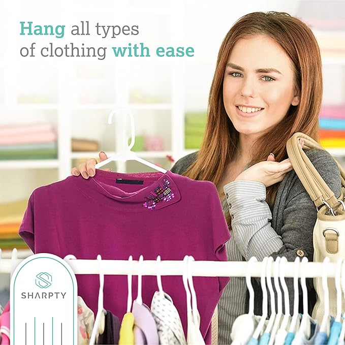 Sharpty Plastic Clothes Hangers – Notched Hangers for Clothes – Space Saving Adult Hangers for Shirts, Dresses, Coats & Pants – Lightweight Closet Organization (35 Pack, White)