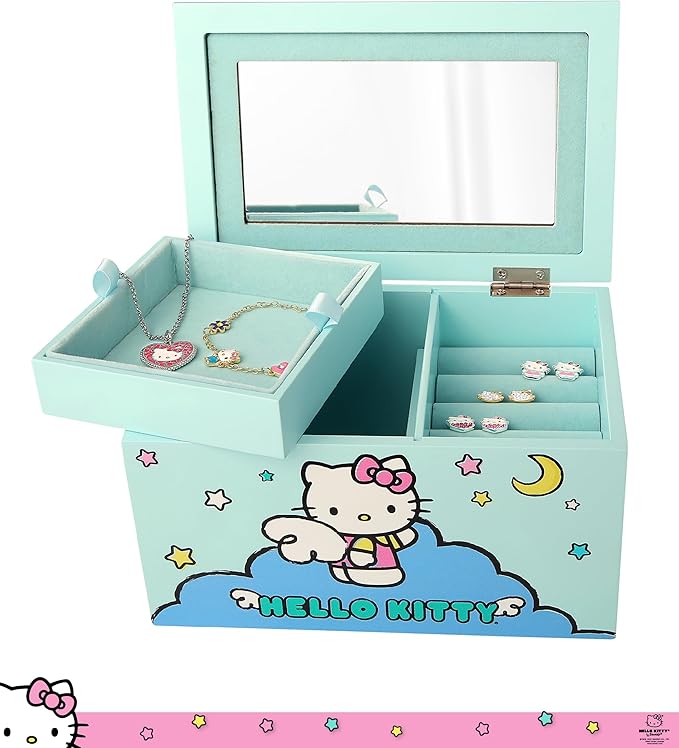 Hello Kitty Jewelry Box with Tray and Storage Official License, Blue Jewelry Box, Wood Jewelry Organizer, Sanrio Gifts (Blue)