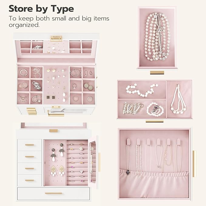 HOOBRO Jewelry Box with Mirror, Jewelry Organizer Box with Capacious Storage Space, Vertical Storage, Glass Cover, Modern Style, White and Light Gold WT06JB04G1