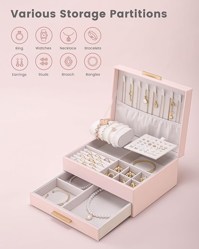 Lolalet 2-Layer Jewelry Box Organizer for Women Girls, Jewelry Storage Case Holder with Drawers for Necklaces Ring Earrings Bracelet Watch, Gifts Choice for Mom Mother’s Day -Pink