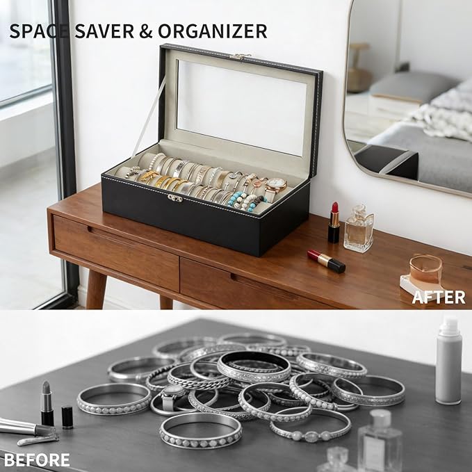 AUTOARK Bracelet & Watch Storage Box with Glass Lid & 2 Anti-Roll Rods,PU Leather Jewelry Case,Soft Lined Locking Organizer for Women,Gift for Dresser & Cabinet Display,Black,MKAW147