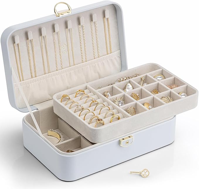 Vlando Jewelry Box Organizer for Women Girl,Lockable Jewelry Case Boxes with 2 Layers,Earrings Necklace,Rings Storage,Gift Box Packaging,Wedding Birthday Gifts Ideas Blue