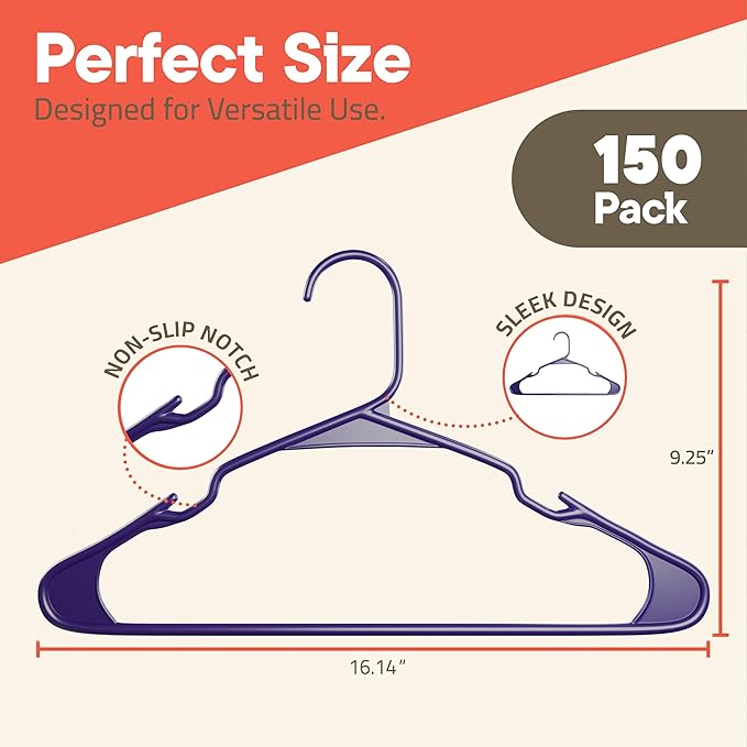 Purple Plastic Hangers 150 Pack– Heavy-Duty Plastic Hangers Slim and Space-Saving, Durable and Lightweight with Non-Slip Shoulder Notches for Slip Dresses, Suits, Jackets & Camisoles