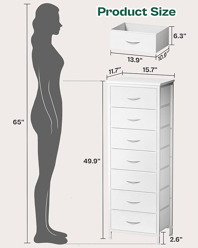 Huuger Tall Dresser for Bedroom, 7 Drawer Dresser & Chests of Drawers, Fabric Drawer for Closet, Bedroom, Night Stand, Metal Frame, Storage Tower with Fabric Bins, White