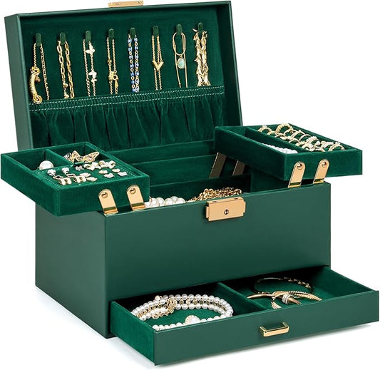 AKOZLIN Travel Jewelry Box Organizer Functional 2-trays Leather Jewelry Storage Case with Lockable Portable Drawer for Women Girls Ring Necklace Earring Bracelet