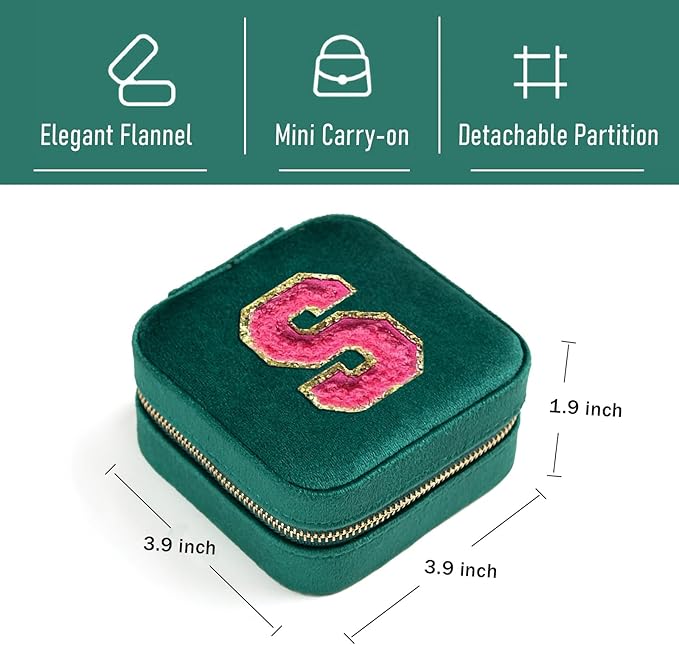 Personalized Velvet Travel Jewelry Case Box For Women Ring Necklace Earring Holder Organizer with Mirror Green Girls Box Birthday Gifts Mom Initial S