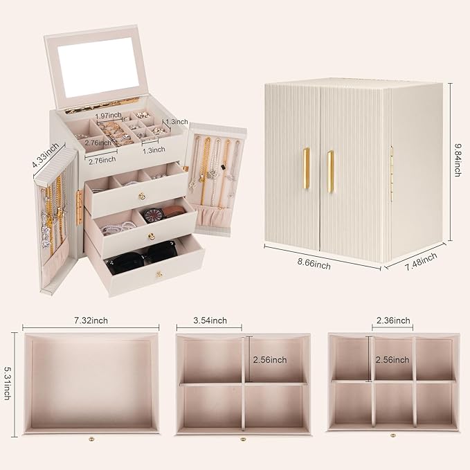 Dajasan Large Jewelry Box Organizer, Jewelry Storage Organizer with 3 Drawers, Huge Jewelry Box with Mirror for Women Girls, Double Door, Textured PU Leather, Gift Idea, Stylish (Beige + Gold)