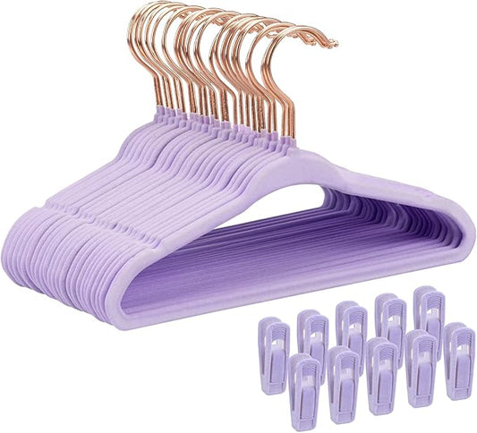 Tonswachic Baby Velvet Hangers 30 Pack - 11 Inch Premium Non Slip Kids Felt Hanger for Infant Clothes - Ultra Thin Baby Felt Hangers for Toddler Children's Closet with 10 Hanger Clips - Purple