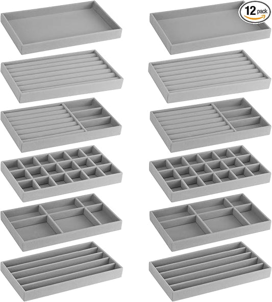 12Pcs Velvet Stackable Jewelry Trays, Jewelry Drawer Organizer, Large Removable Display Jewelry Tray, Necklace Bracelet Storage Box for Earring, Ring, Brooch, Watch (Grey)