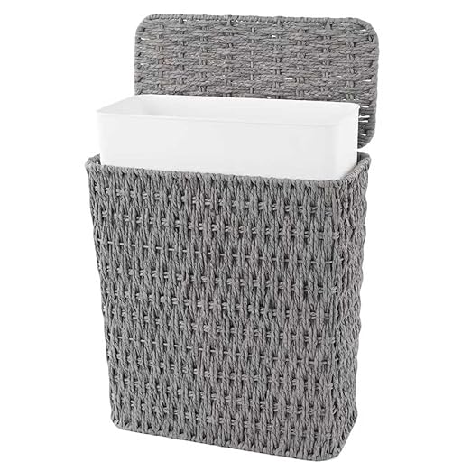 Coeusy 3 Gallon Paper Rope Bathroom Trash Can,Small Wicker Trash Cans with Lid and Liner,Woven Rattan Narrow Waste Basket for Bedroom,Office,Grey