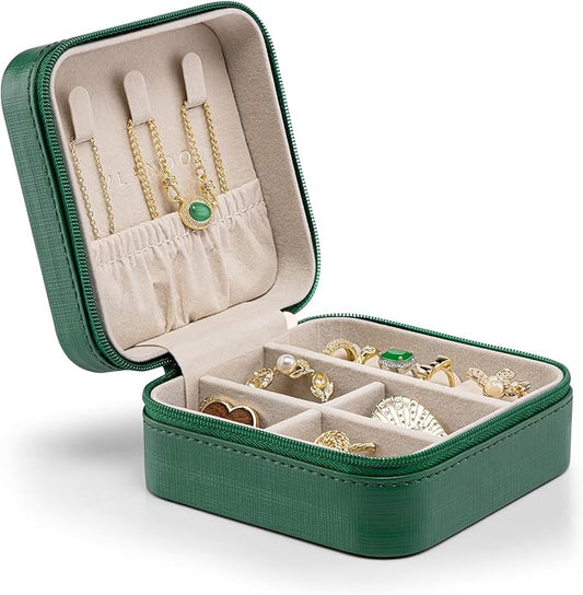 Vlando Small Travel Jewelry Box Organizer Display Storage Case for Girls Women Gift Rings Earrings Necklaces, Dark Green