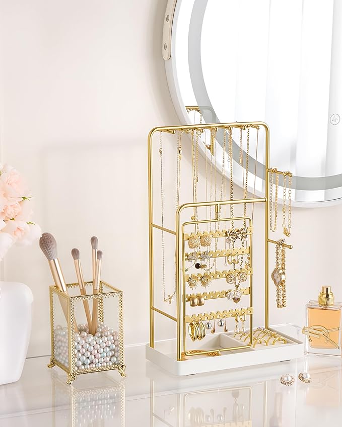 ProCase Jewelry Stand Holder Organizer, Jewelry Display Storage with Ring Tray, Rotating Earring Bracelet Necklace Holder, Valentine's Gifts Room Dorm Decor for Teen Girls -Gold (No-Assembly)