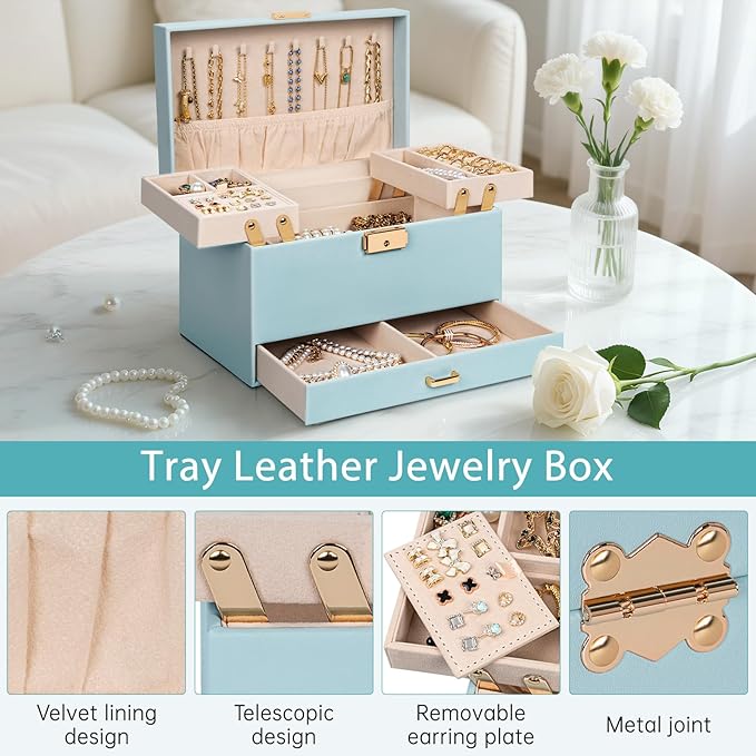 AKOZLIN Travel Jewelry Box Organizer Functional 2-trays Leather Jewelry Storage Case with Lockable Portable Drawer for Women Girls Ring Necklace Earring Bracelet